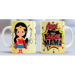 Taza sublimada día de la Madre, aqui toma super mamá amarillo