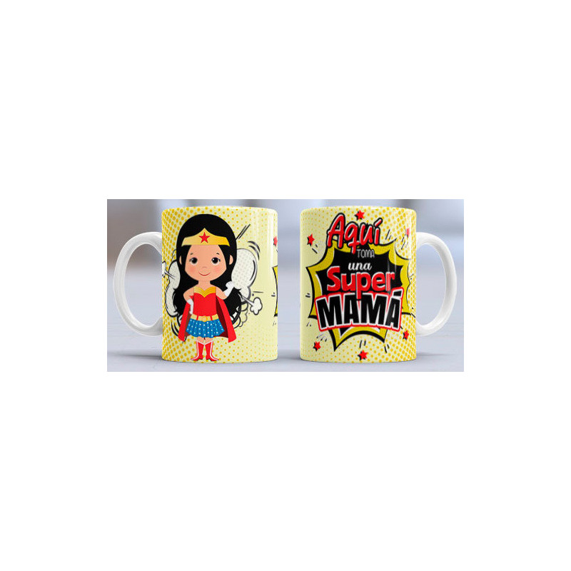 Taza sublimada día de la Madre, aqui toma super mamá amarillo Taza sublimada día de la Madre, aqui toma super mamá amarillo