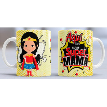 Taza sublimada día de la Madre, aqui toma super mamá amarillo